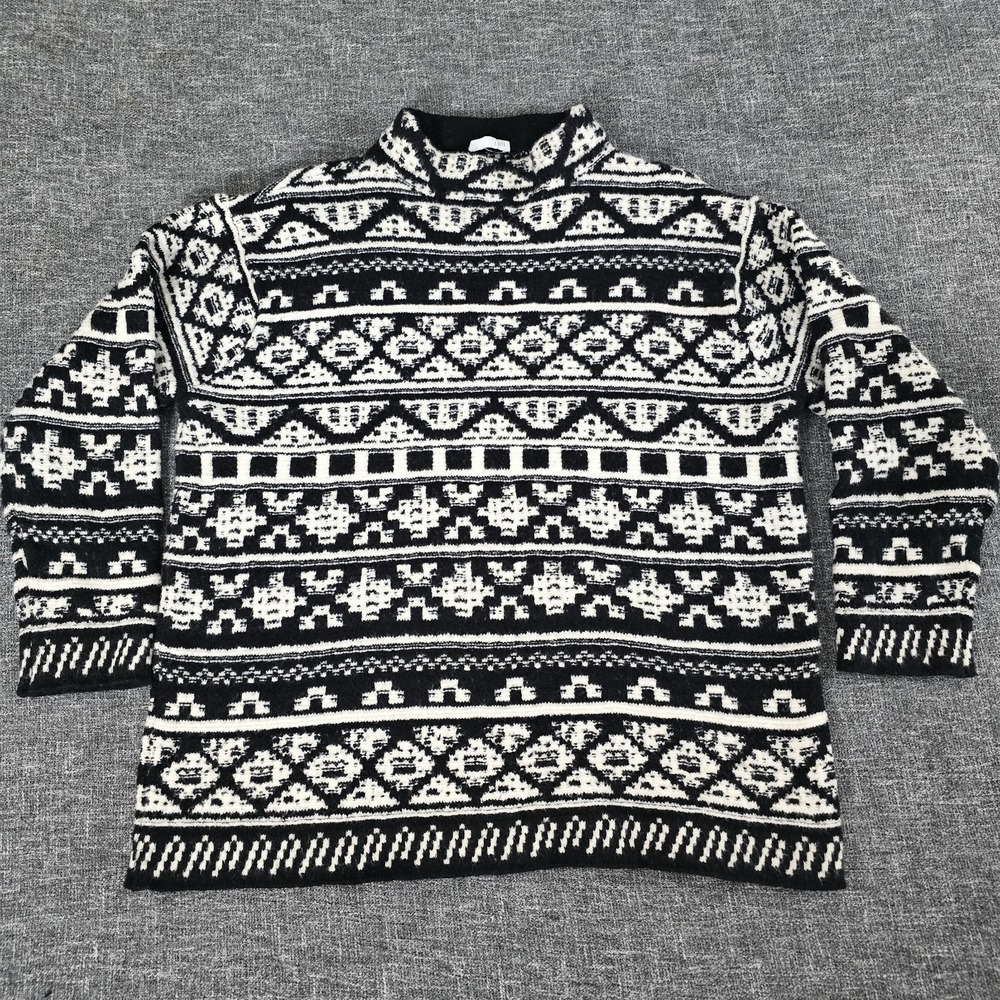 J Jill Black White Fair Isle Geometric Mock Neck Knit Sweater Women XL Wool